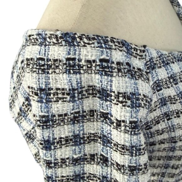 ZARA Women's Textured Off Shoulder Tweed Cropped Plaid Top Blue White Large NWT - Picture 10 of 13